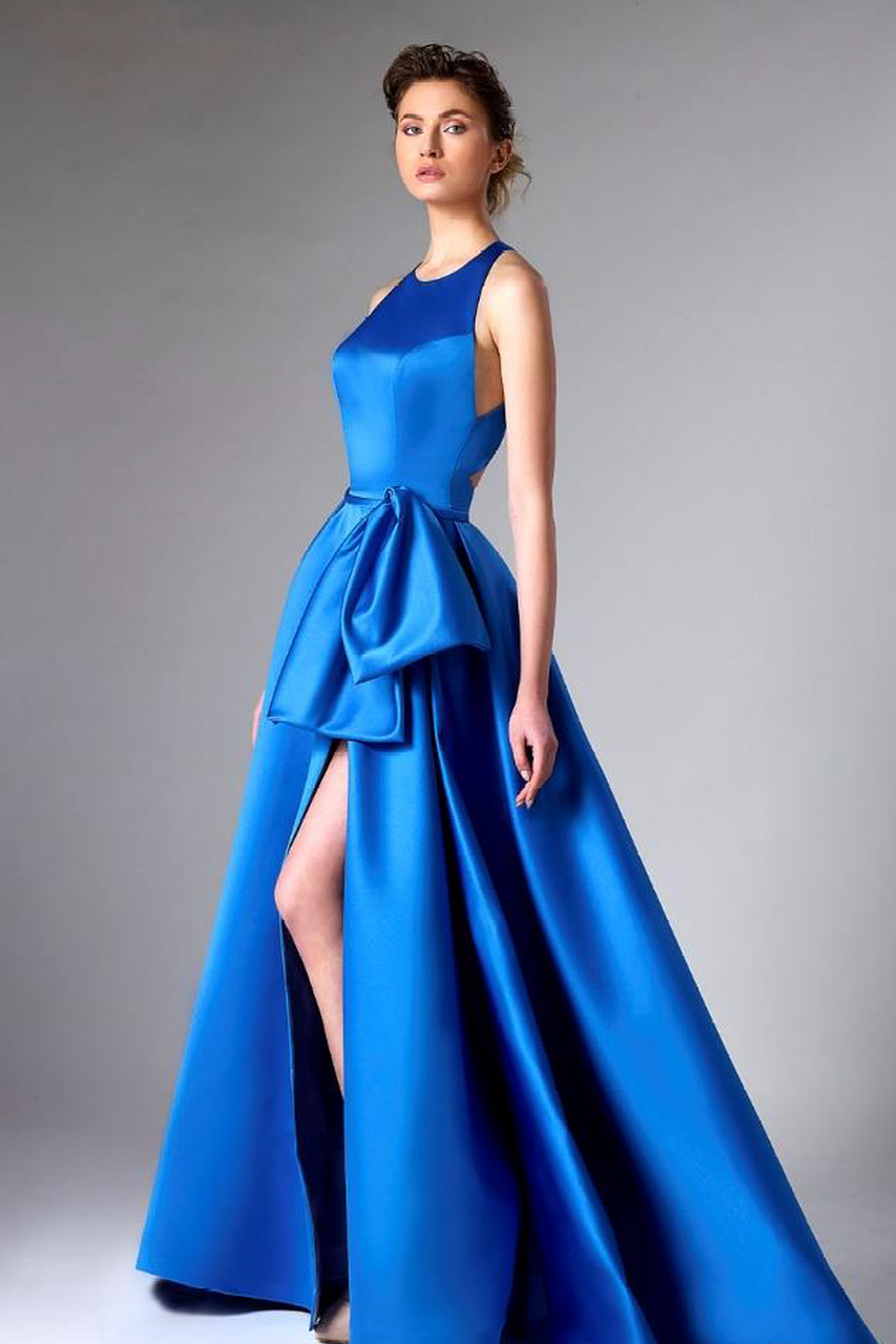 Sleeveless Blue Satin Evening Gown