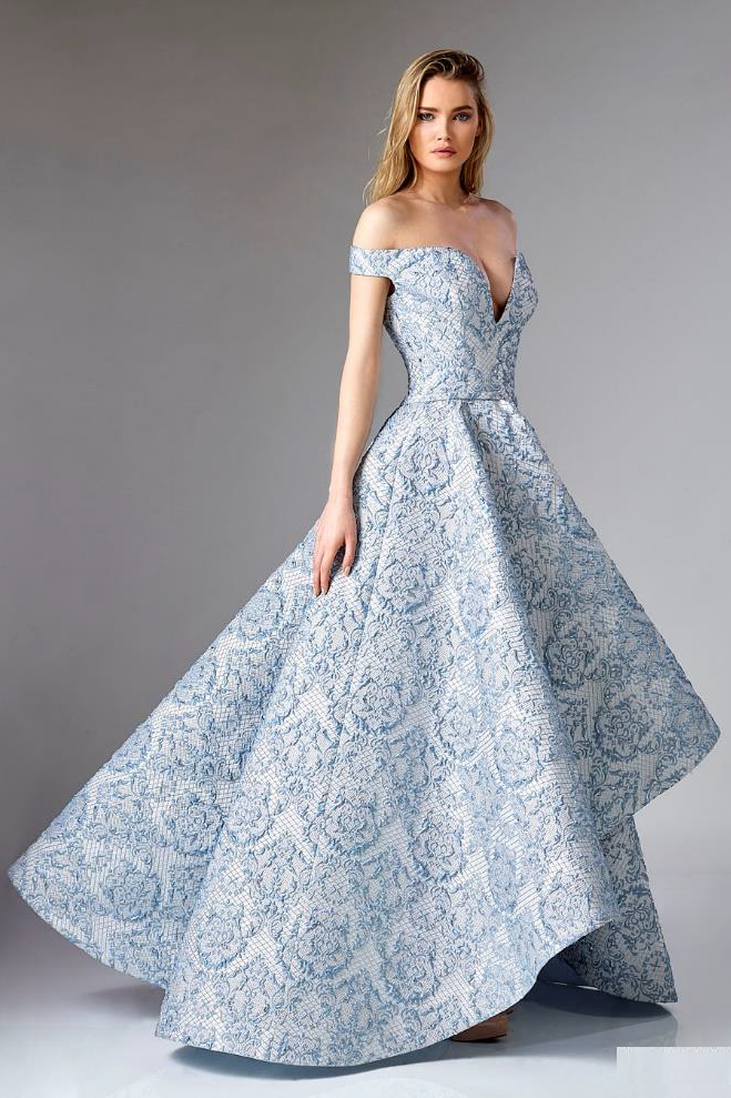 Off the Shoulder Silver Jacquard Gown