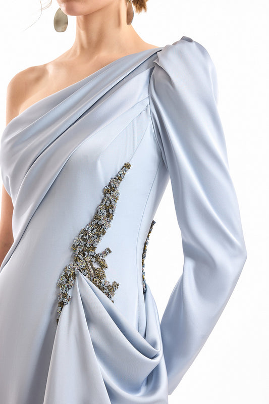One-Shoulder Satin Dress - Blue