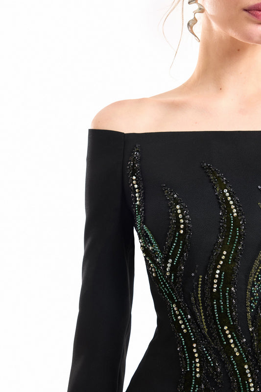 Off-Shoulder Beaded Dress - Black