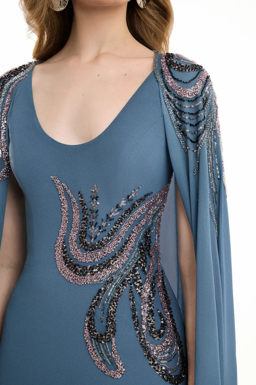Fitted Scoop-Neck Dress with Beaded Embroidery