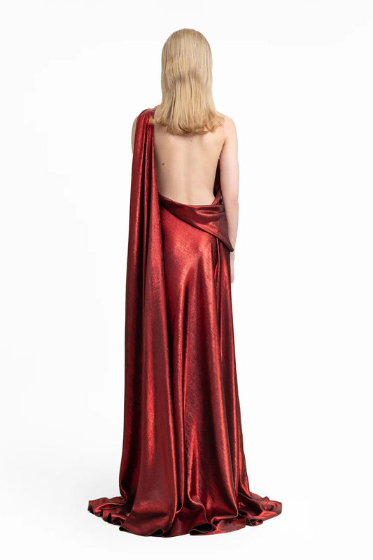 Asymmetrical Lamé Dress with Cape Back