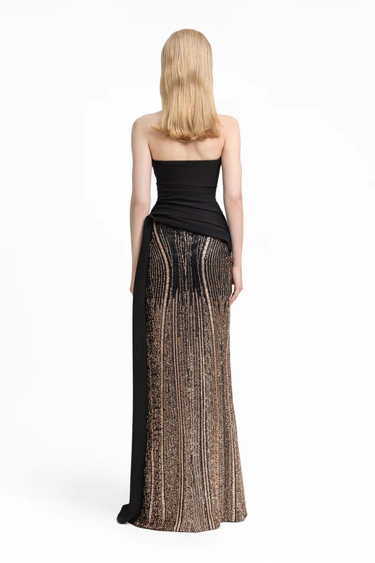 Strapless Draped Dress with Beaded Overskirt