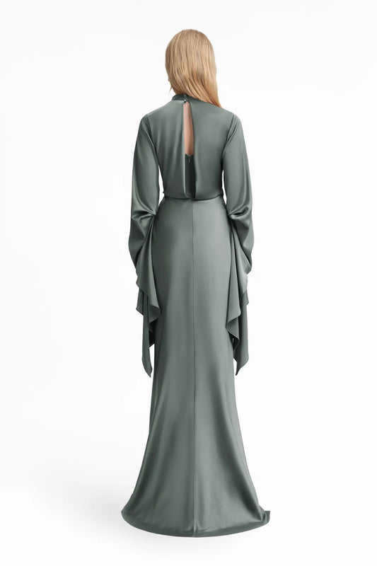 Draped Waist Dress with Ruffled Sleeves