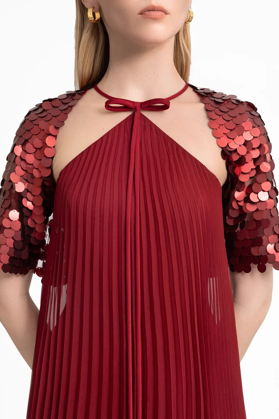 Halter Plissé Dress with Bow and Bolero Sleeves