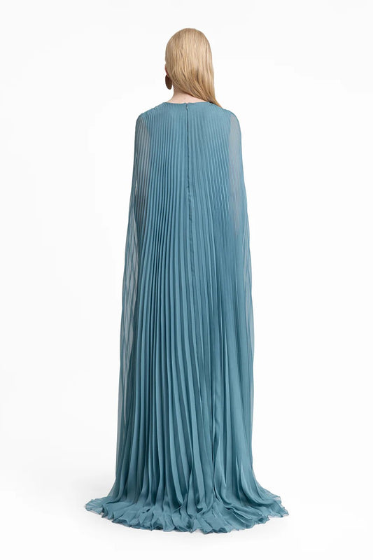Plissé V-Neck Dress with Cape Sleeves