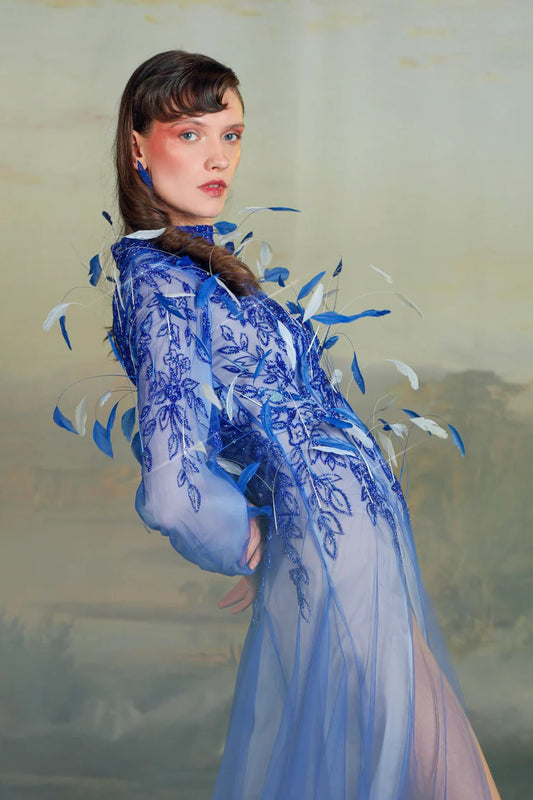 Long Sleeve Feather Plume Gown