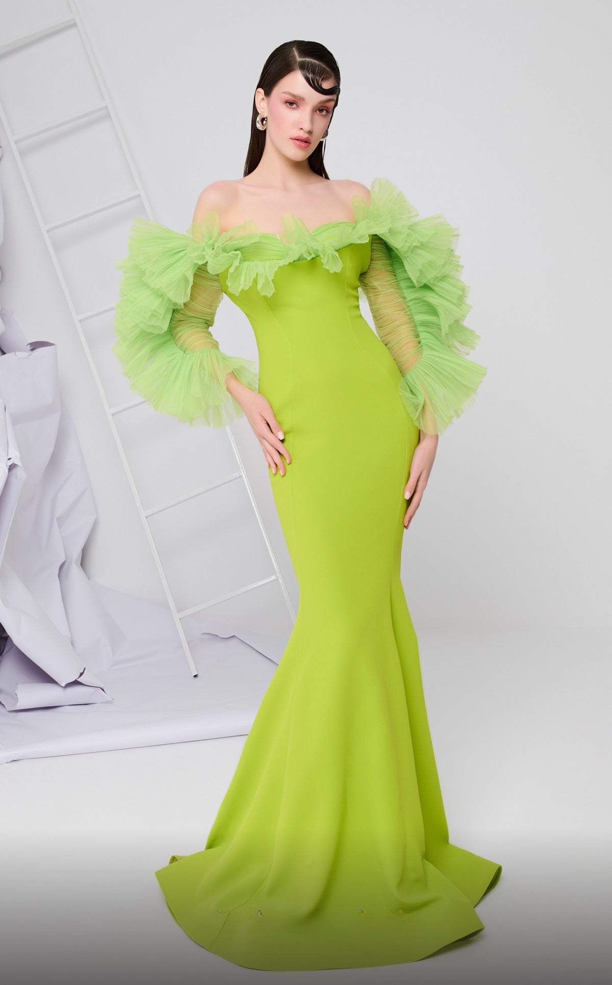 Ruffled Off-Shoulder Long Sleeved Gown
