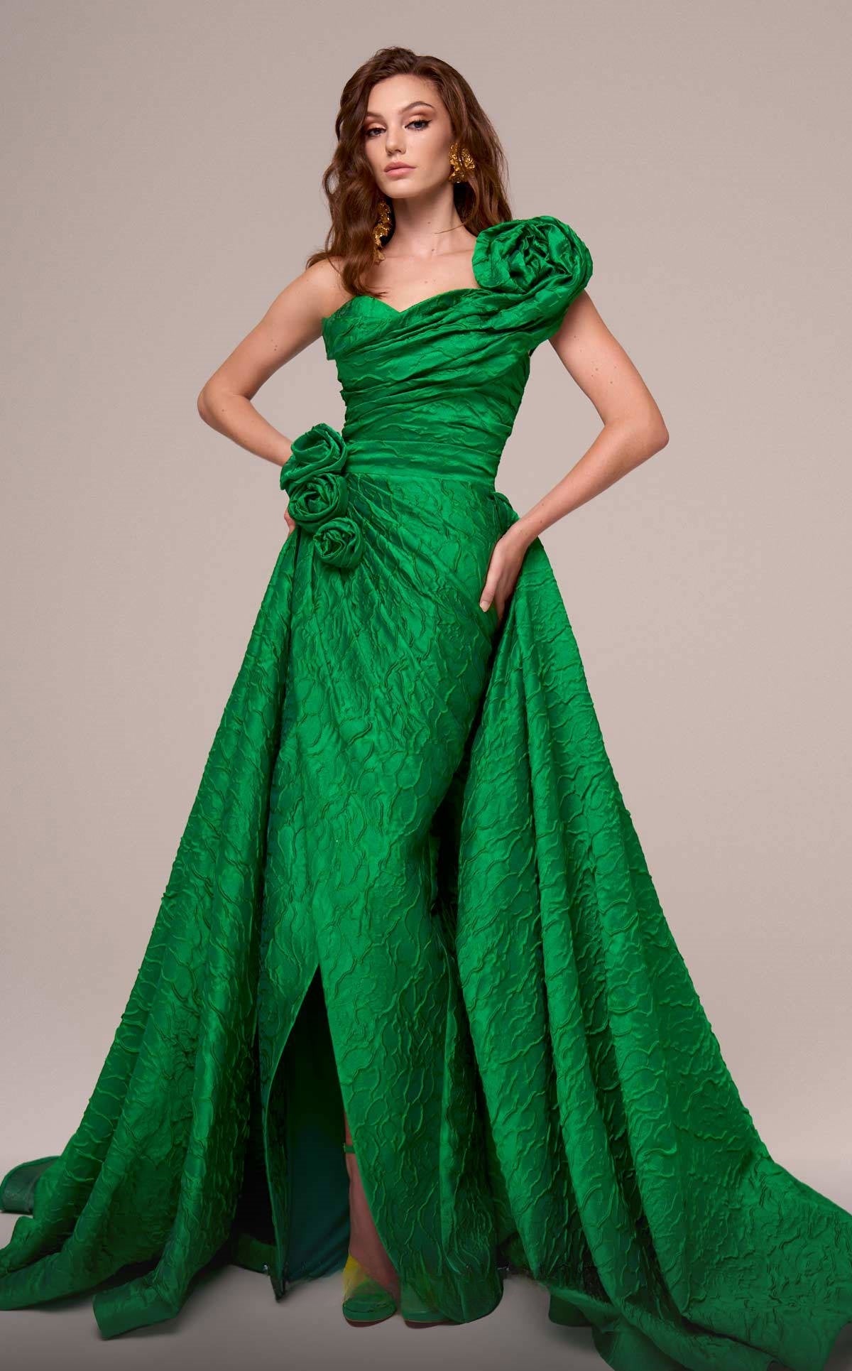 One Shoulder Rosette Detail Gown with Overskirt