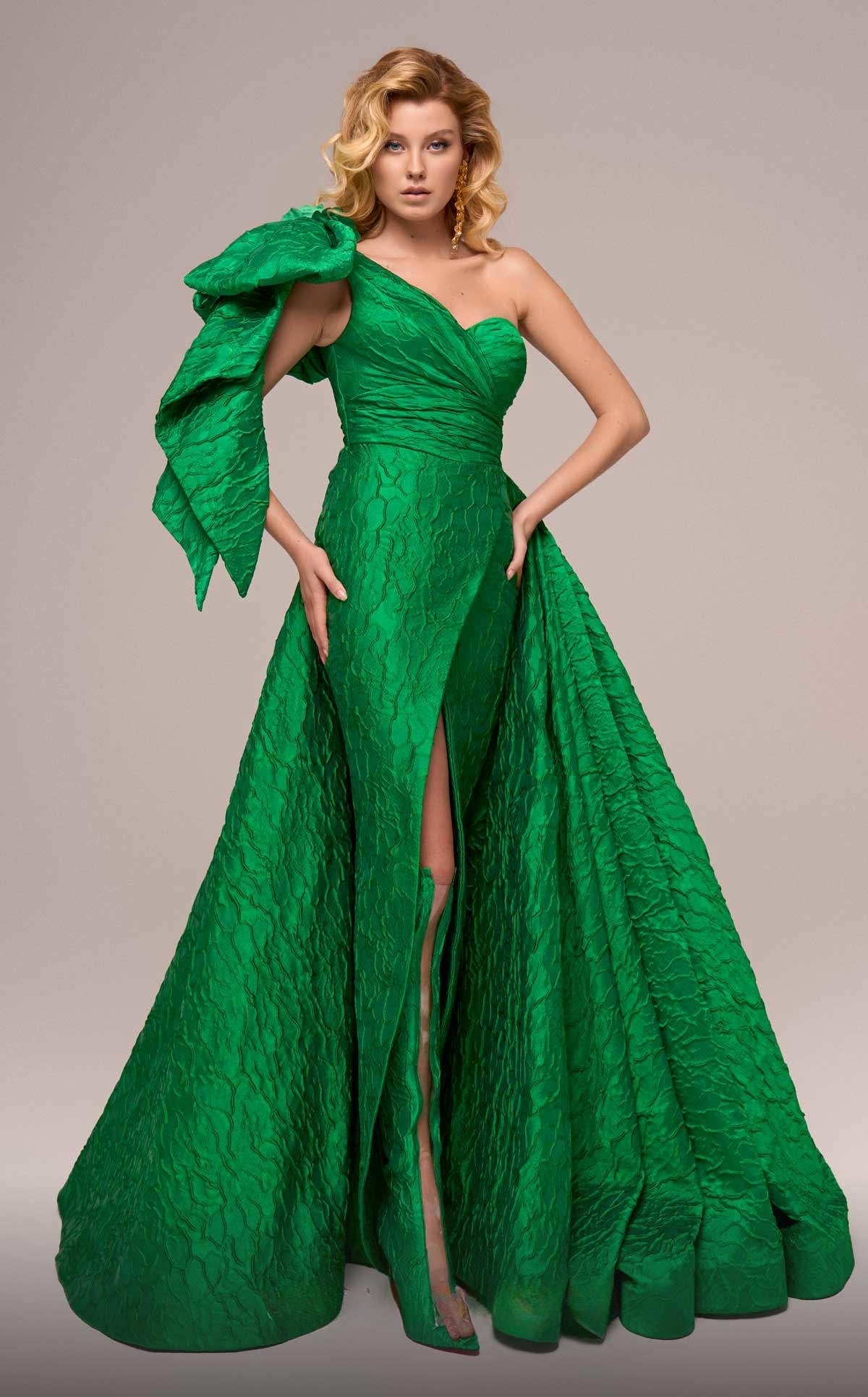 One Shoulder Bow Sleeve Gown with Overskirt