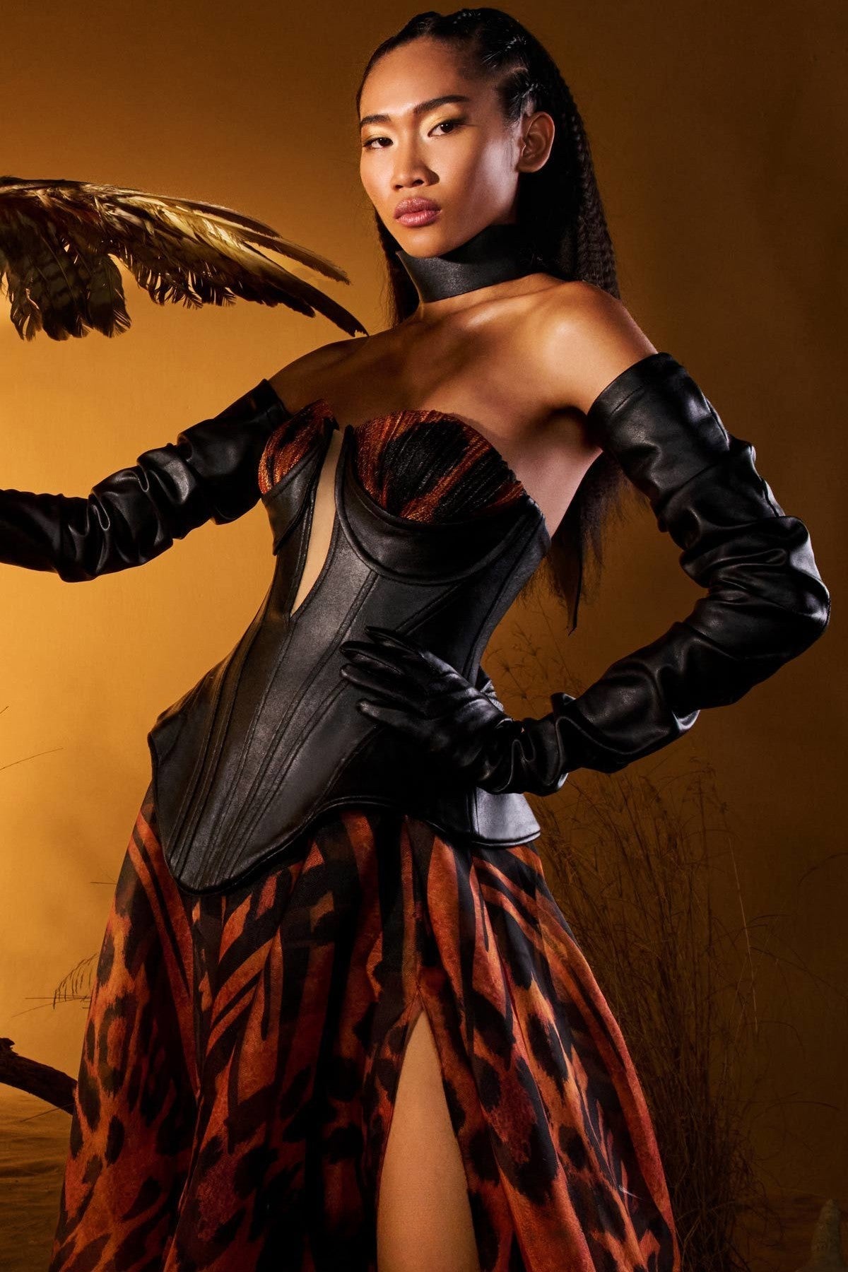 Edgy Black Leather & Chiffon Gown