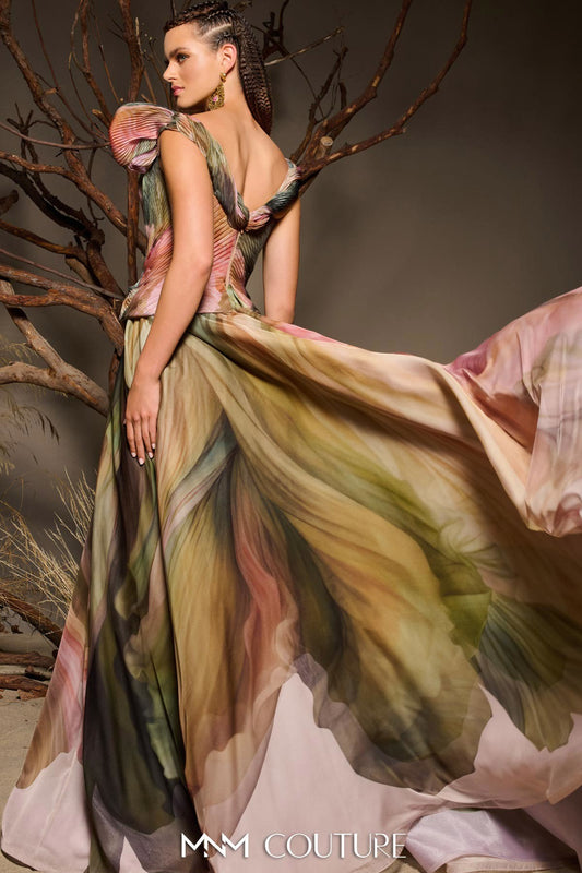 Printed Chiffon Peplum A-Line Gown