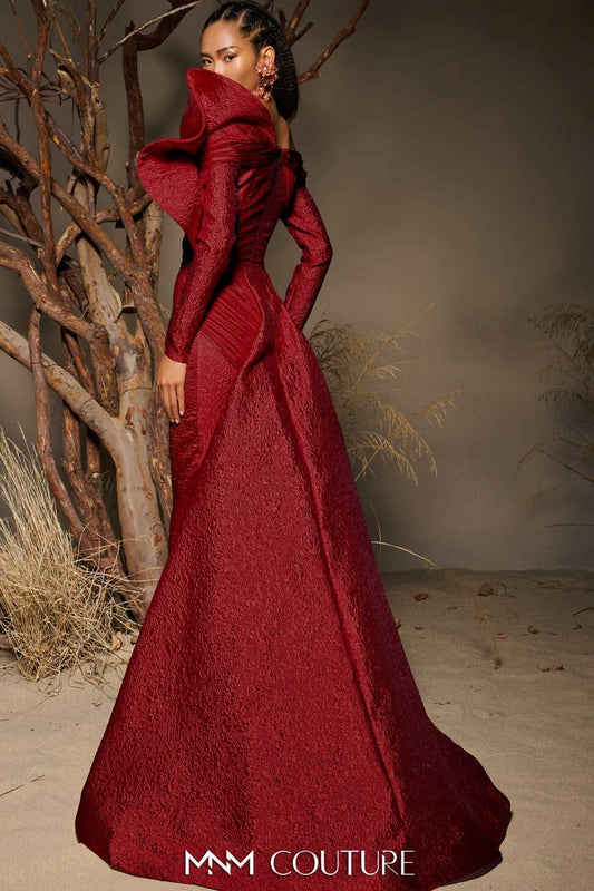 Red Textured Jacquard Gown