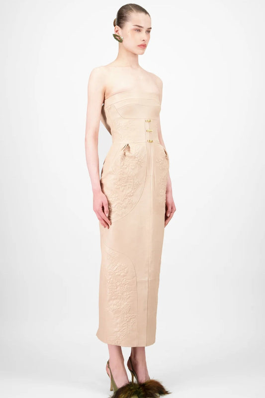Strapless Leather Midi Dress