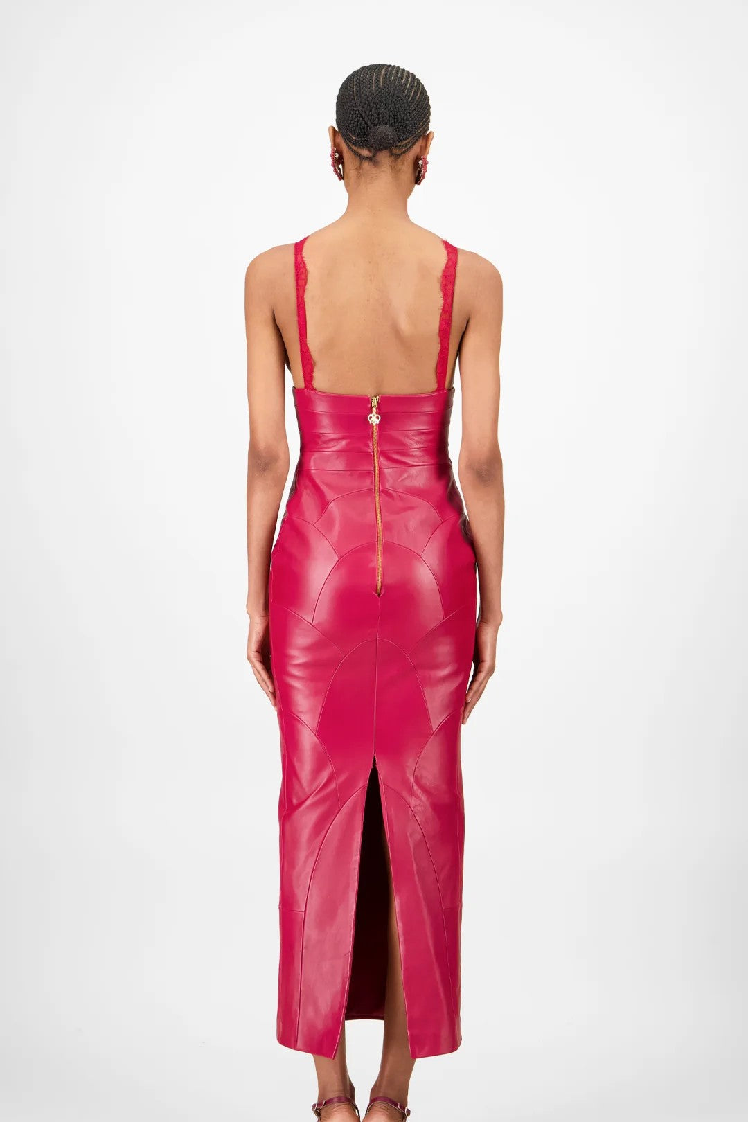 Lace-Trim Leather Midi Dress