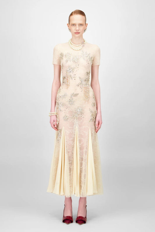 Crystallized Lace Midi Dress