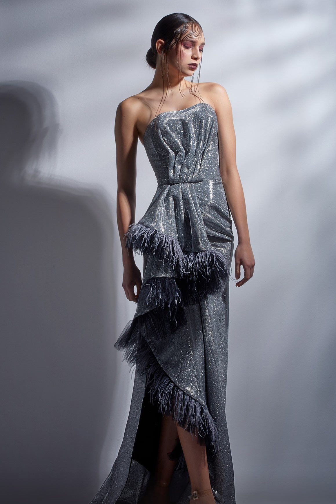 Strapless Cascading Slit Gown