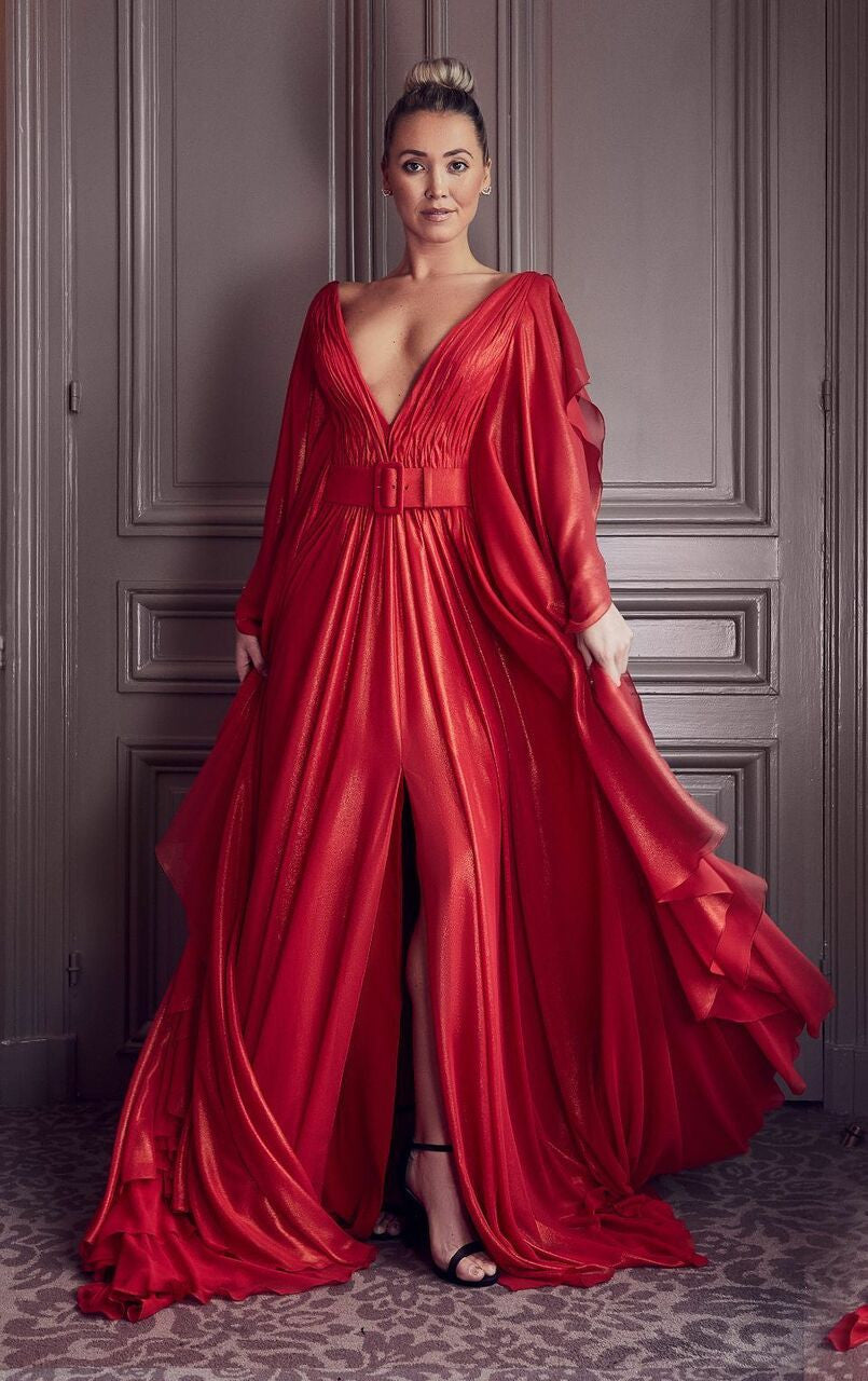 Plunging Neck Long Sleeve Gown