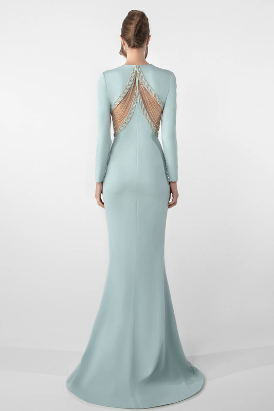 Fitted Crepe Gown with Embroidery