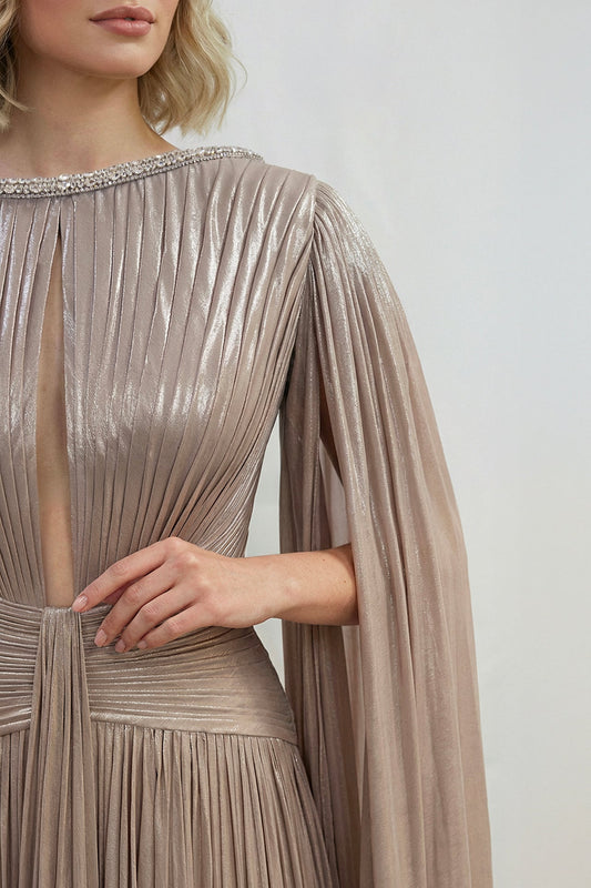 Pleated Lamé Cape-Sleeve Gown