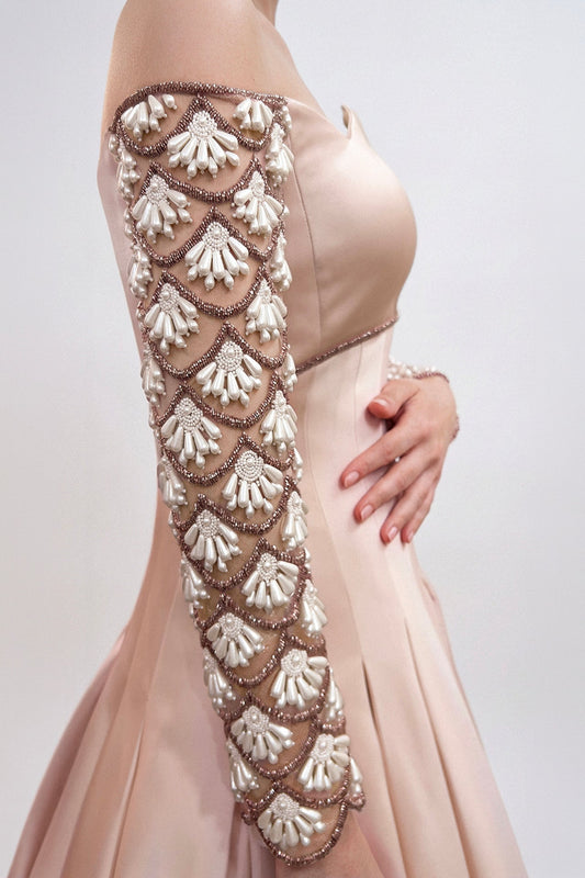 Off-Shoulder Beaded-Sleeve Gown