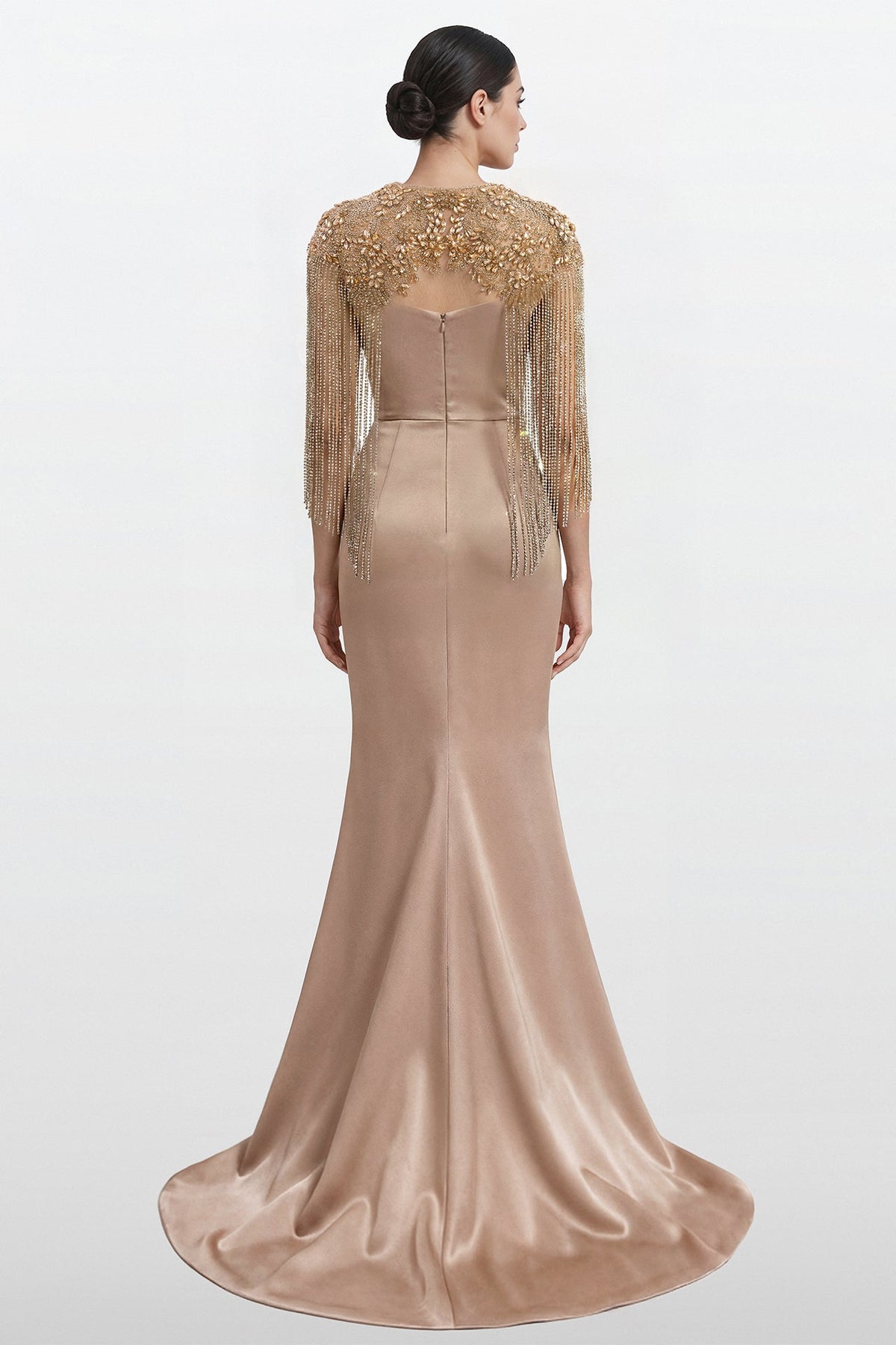 Crystal-Fringe Draped Satin Gown