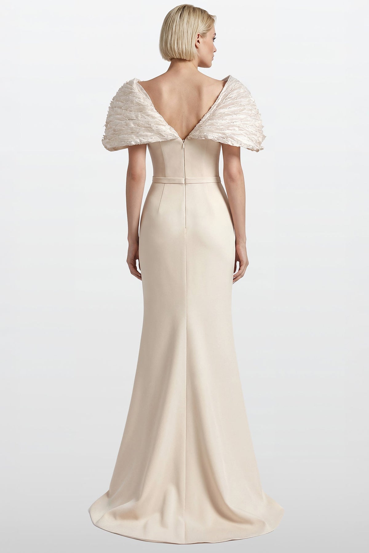 V-Neck Organza Cape-Sleeve Gown