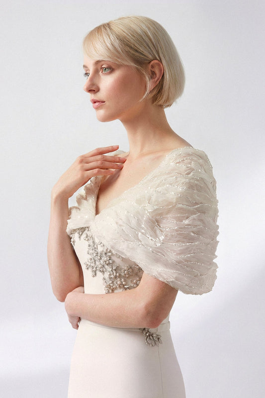 V-Neck Organza Cape-Sleeve Gown