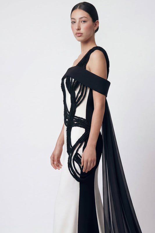 One-Shoulder Beaded Swirl Gown