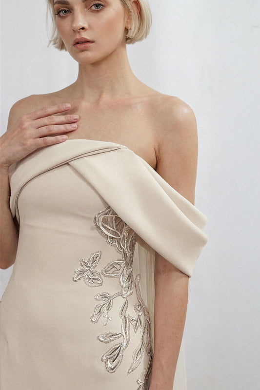 Off-Shoulder Draped Tulle-Cape Gown