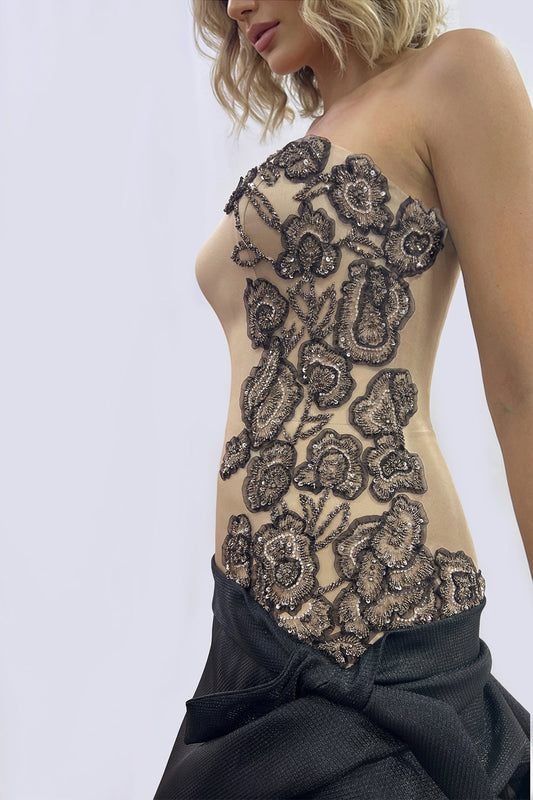 Strapless Embroidered Drop-Waist Gown