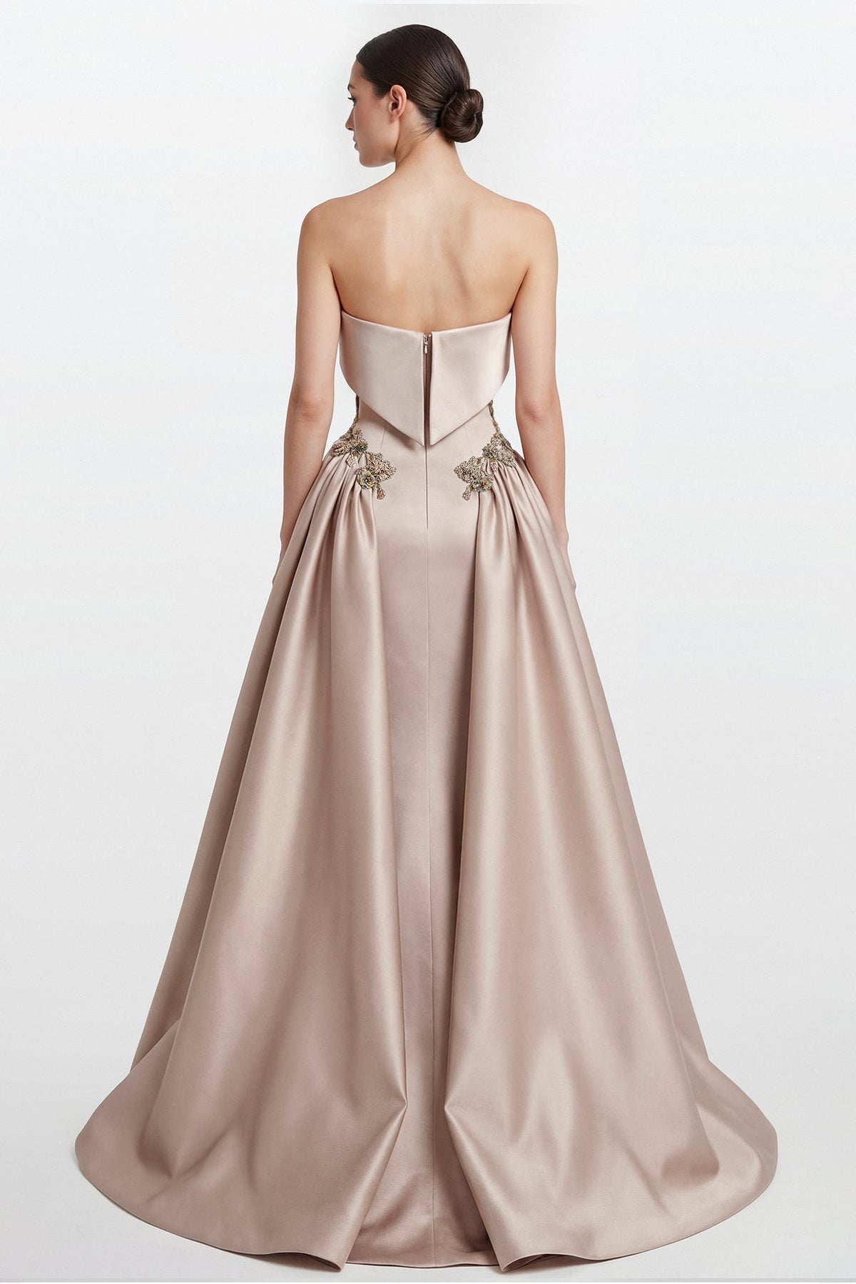 Strapless Floral-Embroidered Overskirt Gown