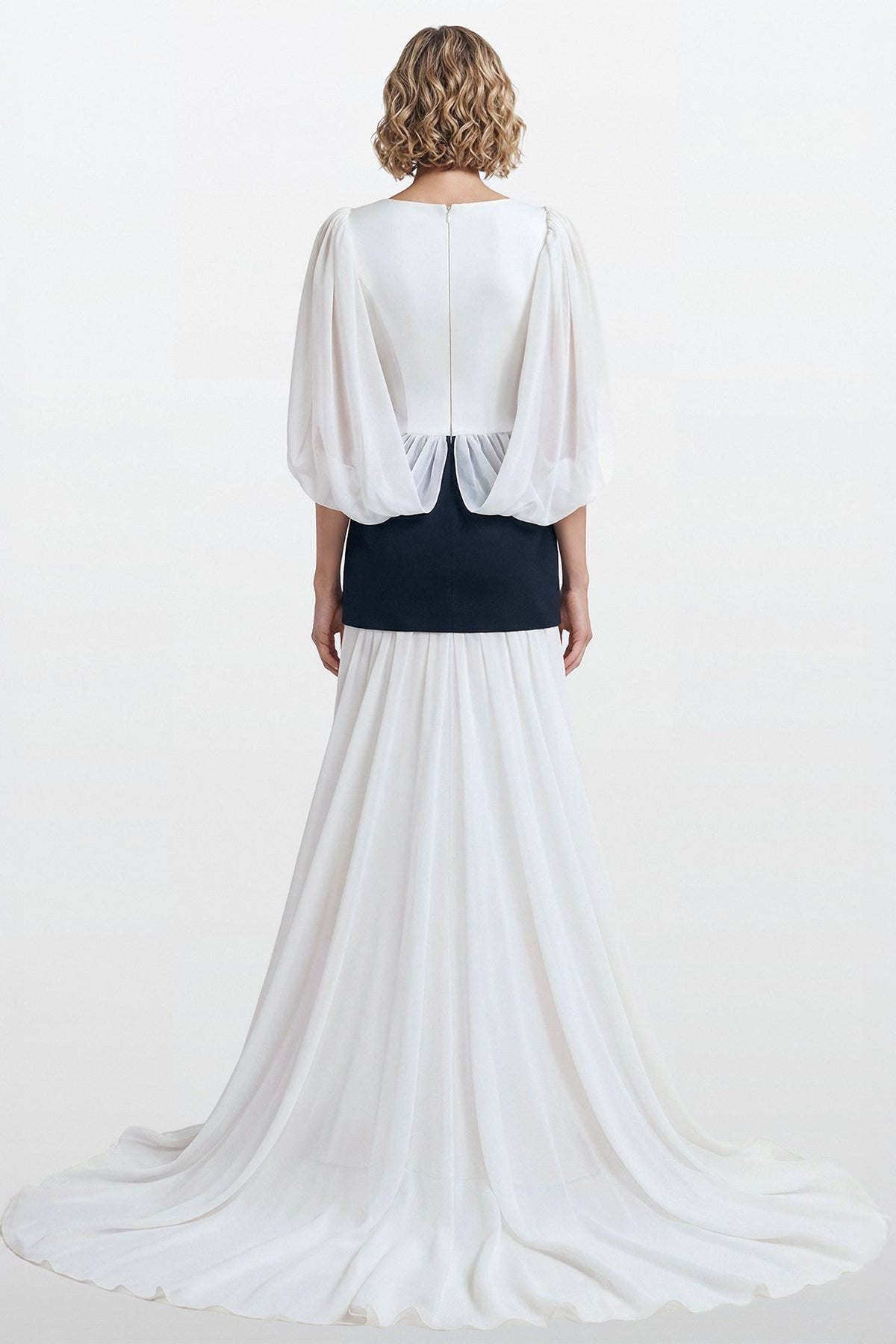 Embroidered Waistband Cape-Sleeve Gown