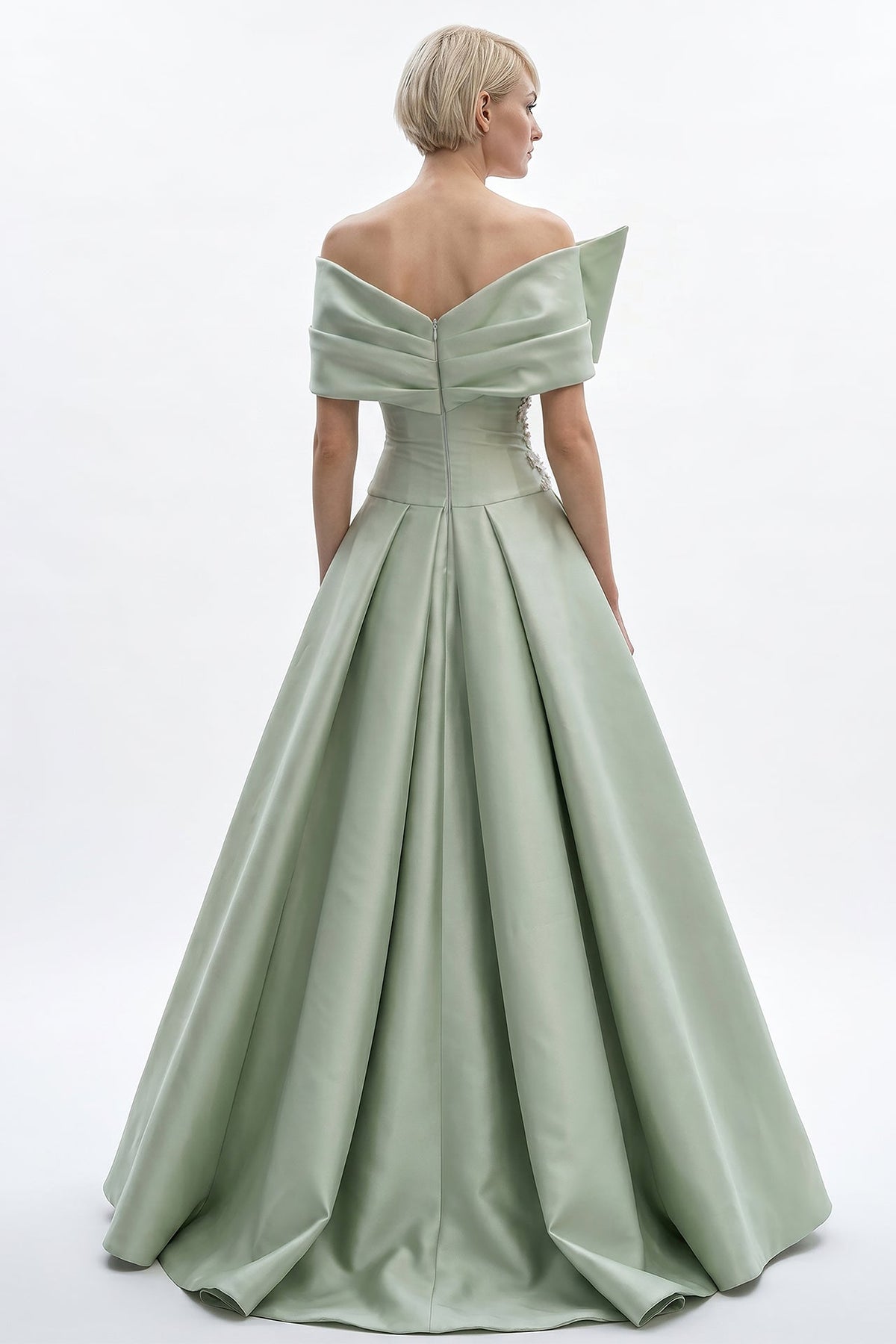 Off-Shoulder Pleated Satin Gown