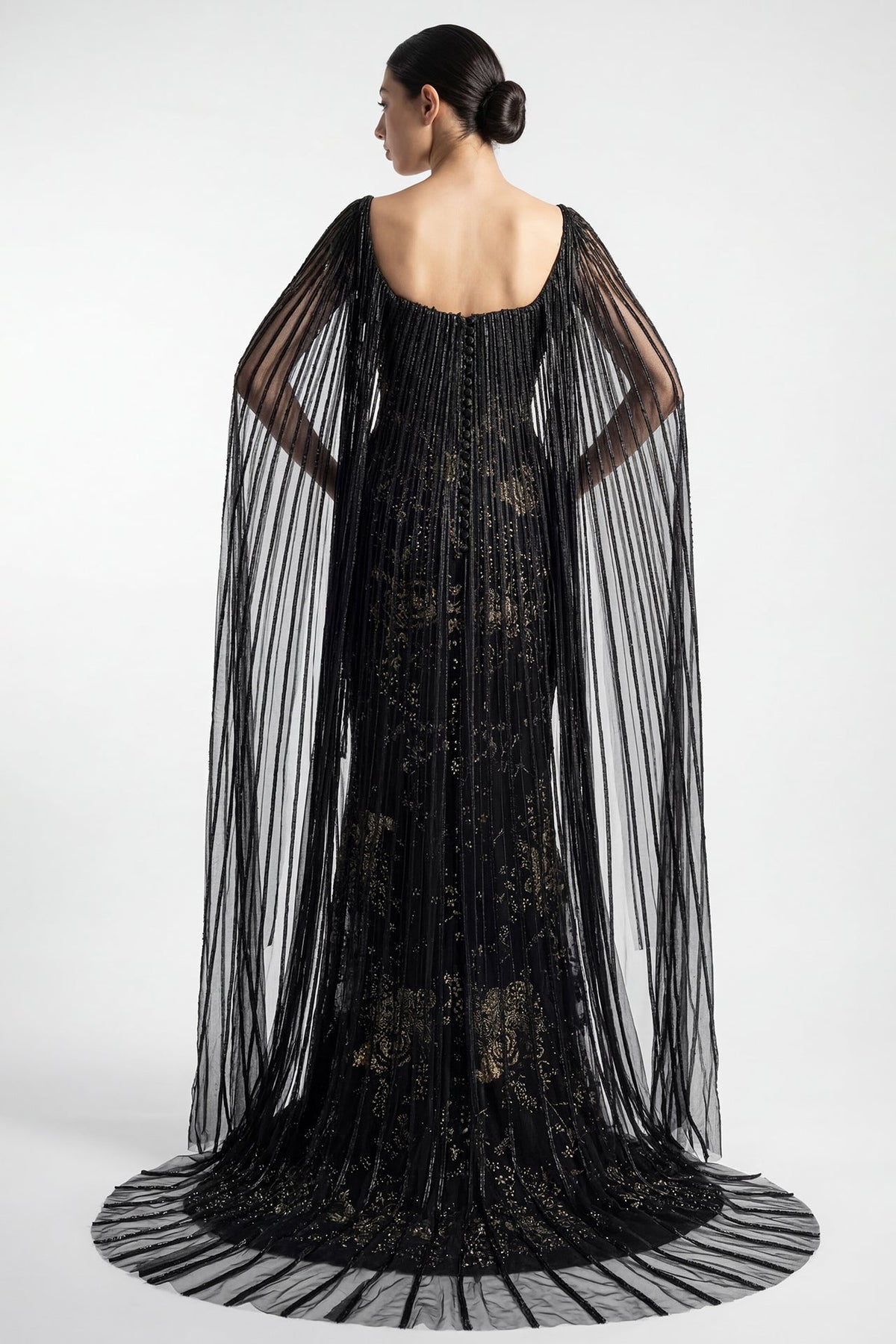 Fringe Cape-Sleeve Corset Gown