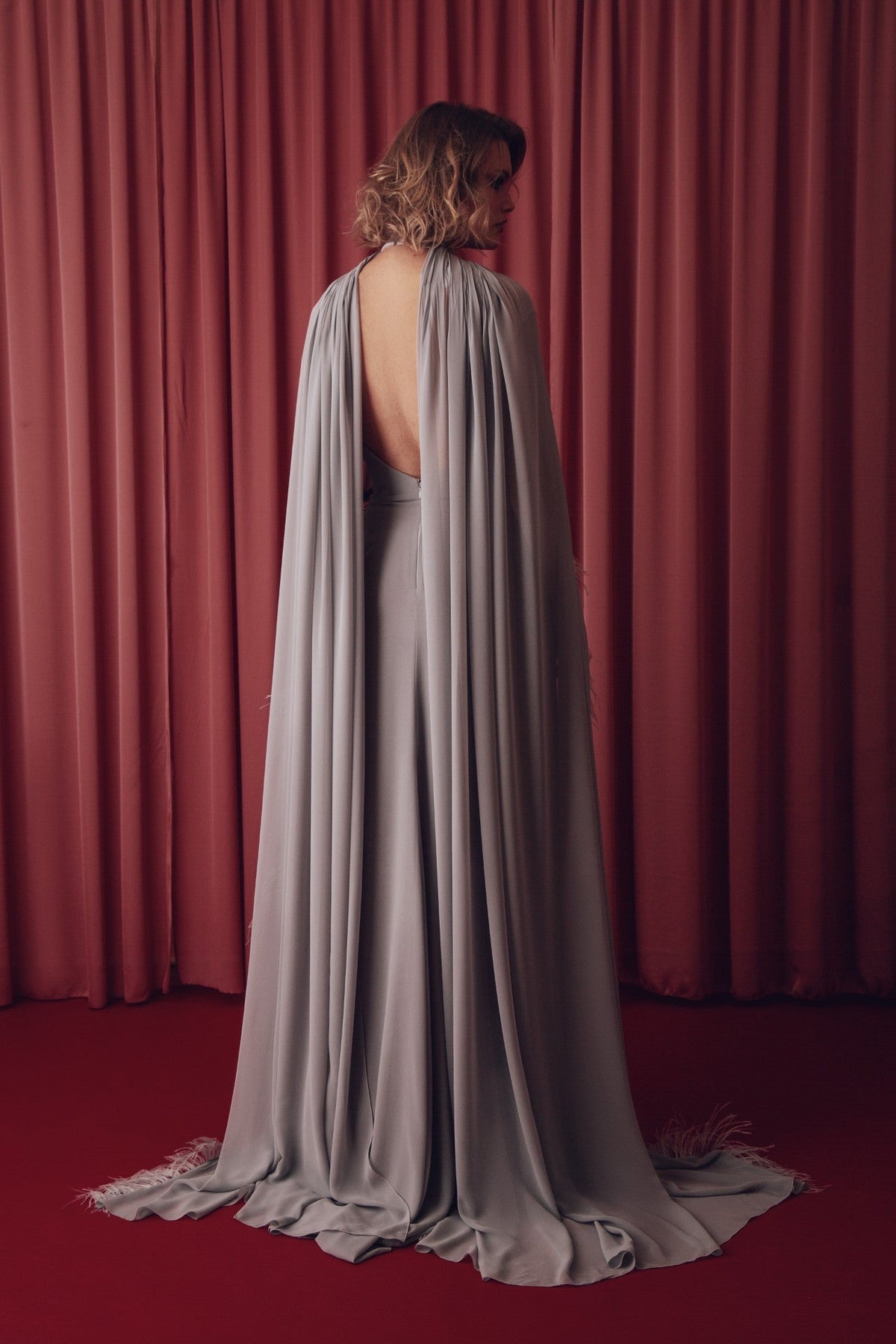 Feathered Cape Paillette Gown