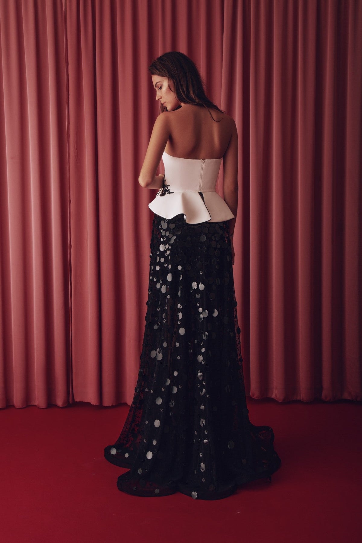 Strapless Peplum Sequin Gown