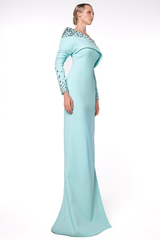 One-Shoulder Embellished Fold-Collar Gown