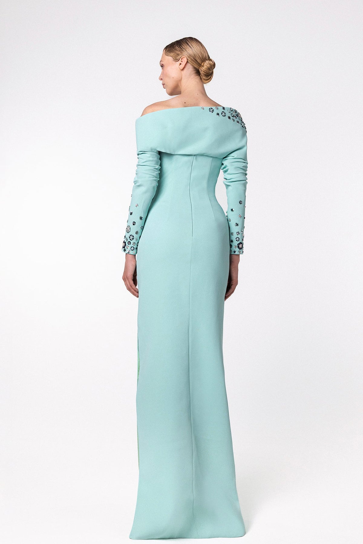 One-Shoulder Embellished Fold-Collar Gown