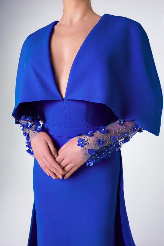 Deep-V Cape Floral-Sleeve Gown
