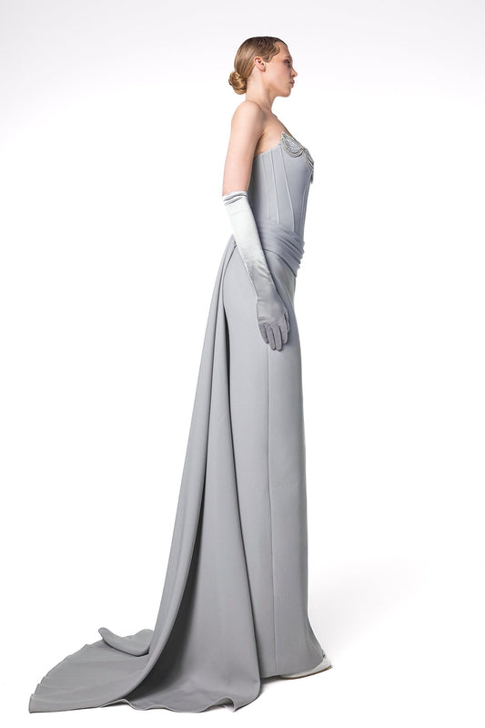Pearl-Draped Corset Mermaid Gown