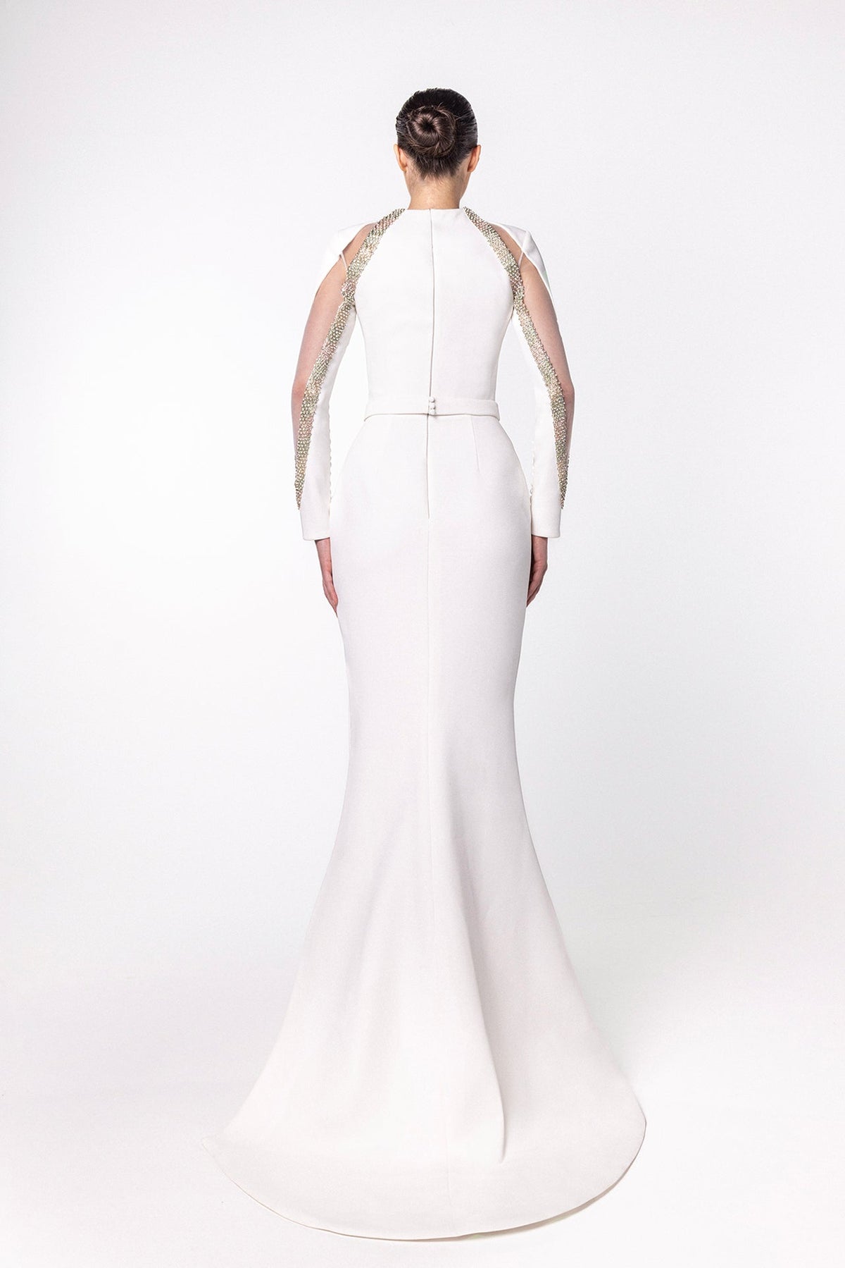 Crystal Cutout-Sleeve Mermaid Gown