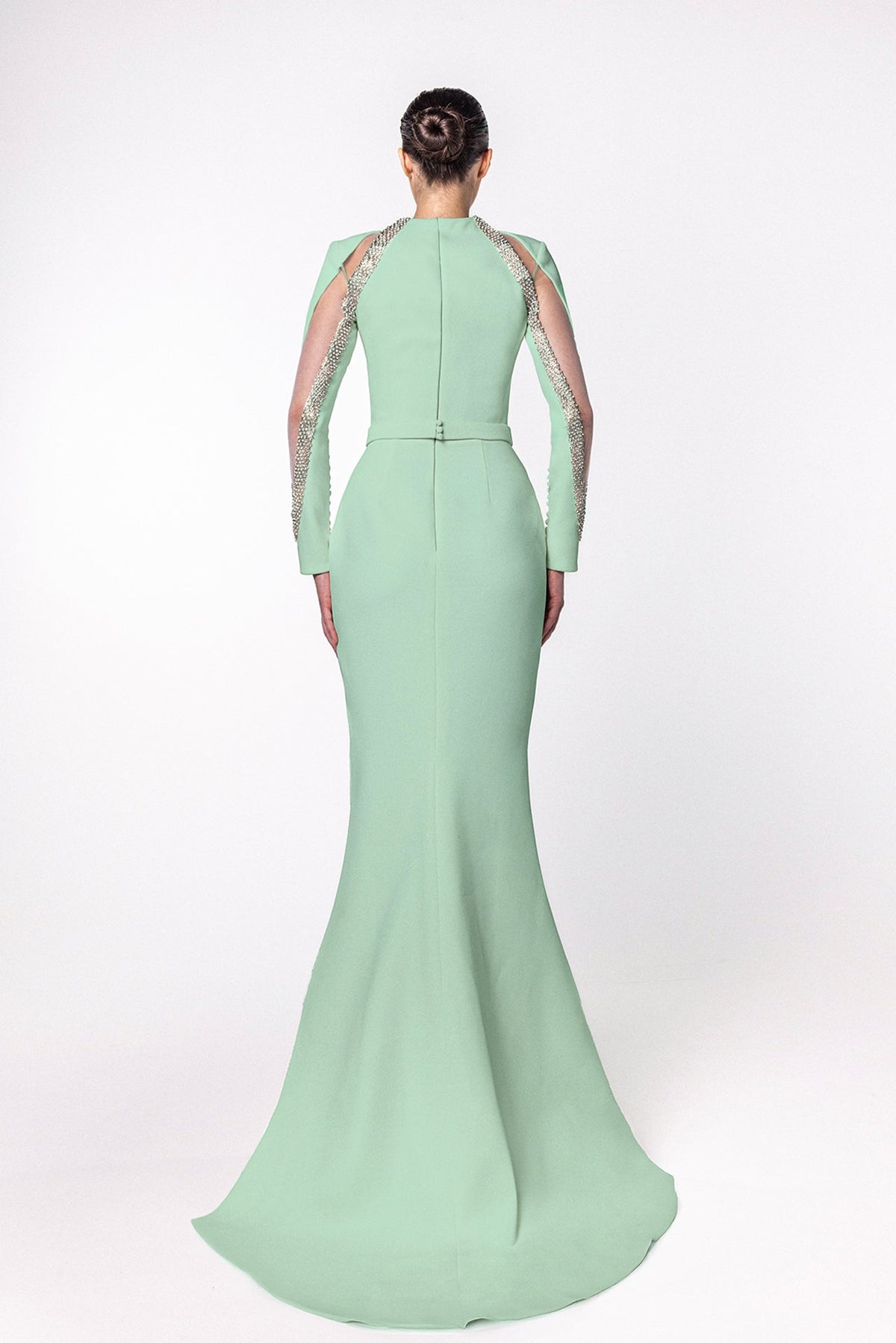 Crystal-Edged Illusion-Sleeve Gown