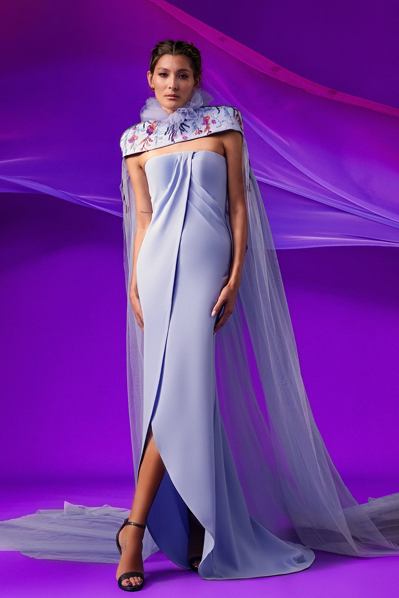 Strapless Crepe Gown with Tulle Cape