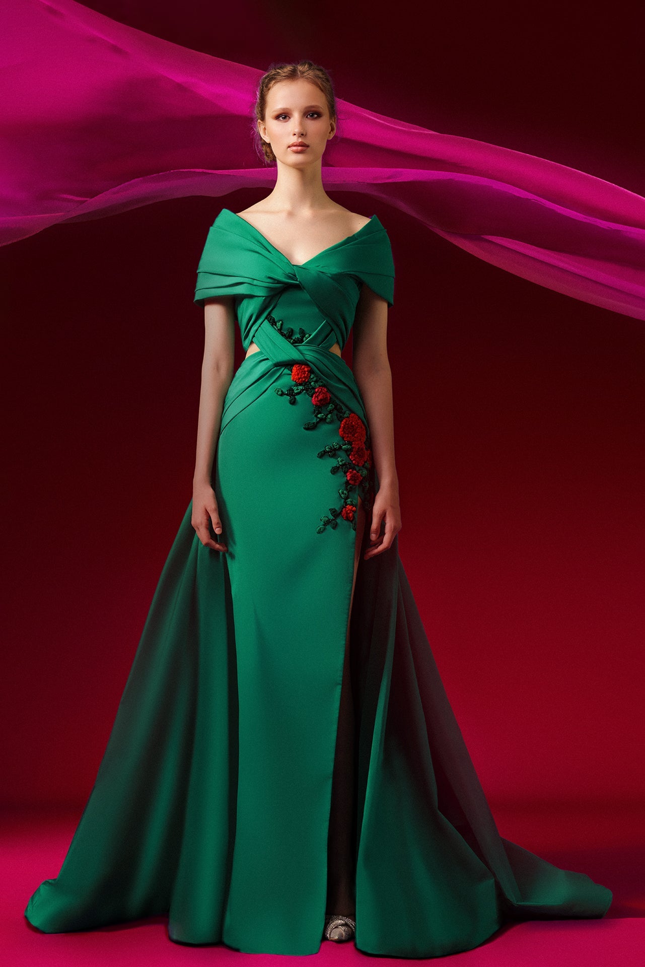 Draped Bodice Floral Motif Taffeta Gown