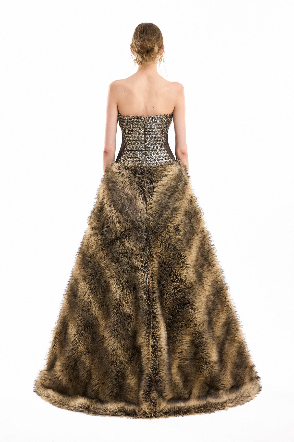 Metallic Fur Corset Gown - Brown