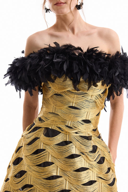 Feathered Fringe Dress - Gold