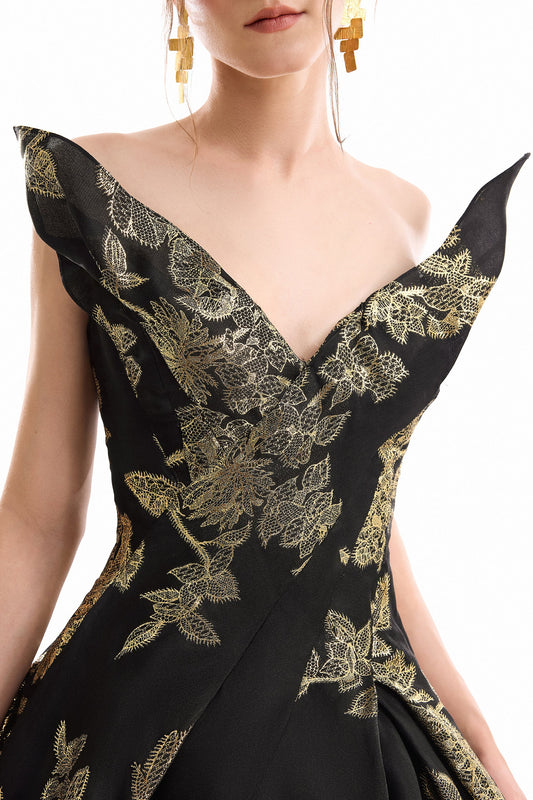 Floral Brocade Ball Dress - Black