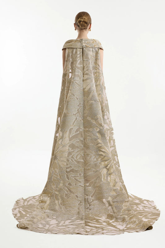 Off-Shoulder Gown with Embroidered Cape