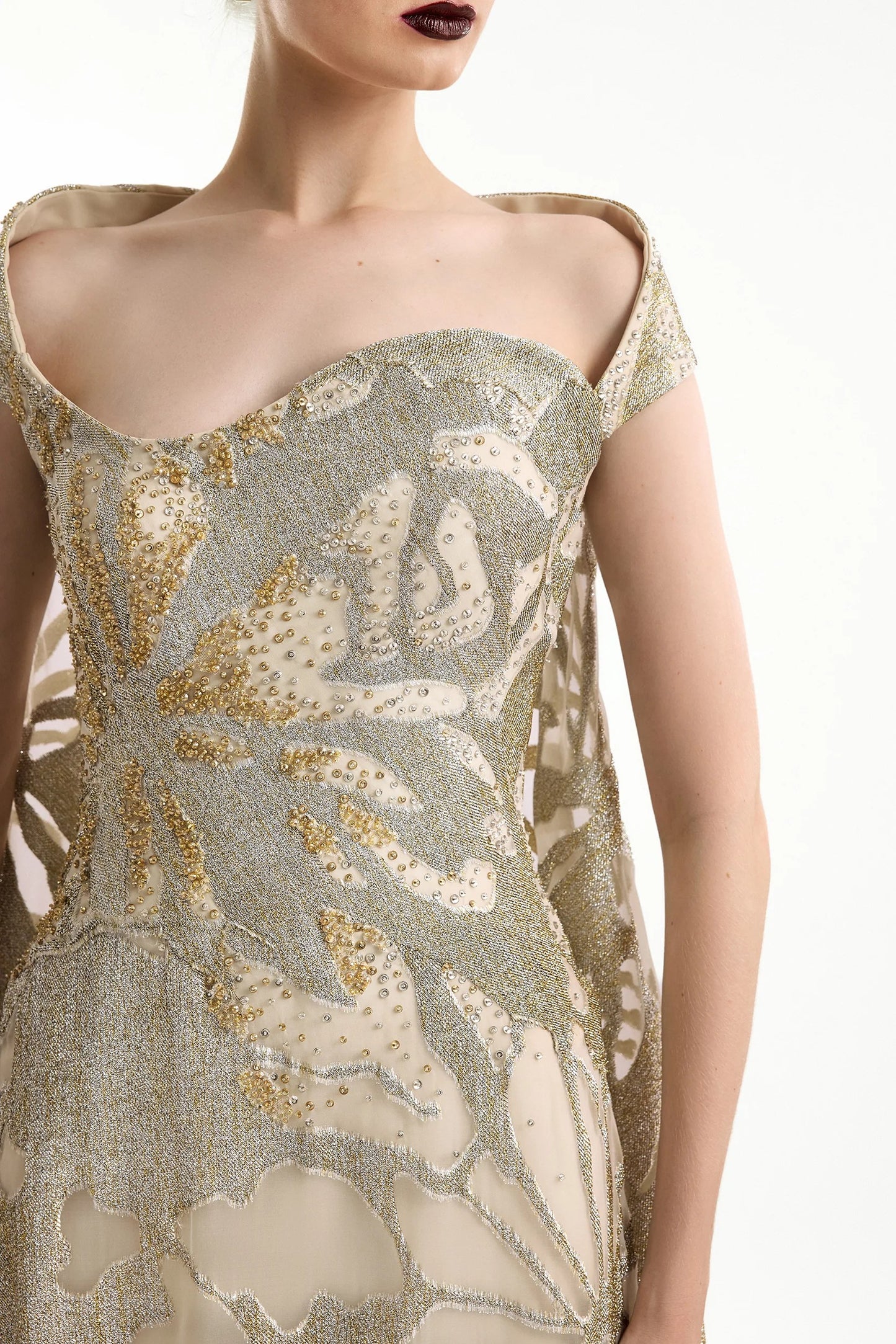 Off-Shoulder Gown with Embroidered Cape